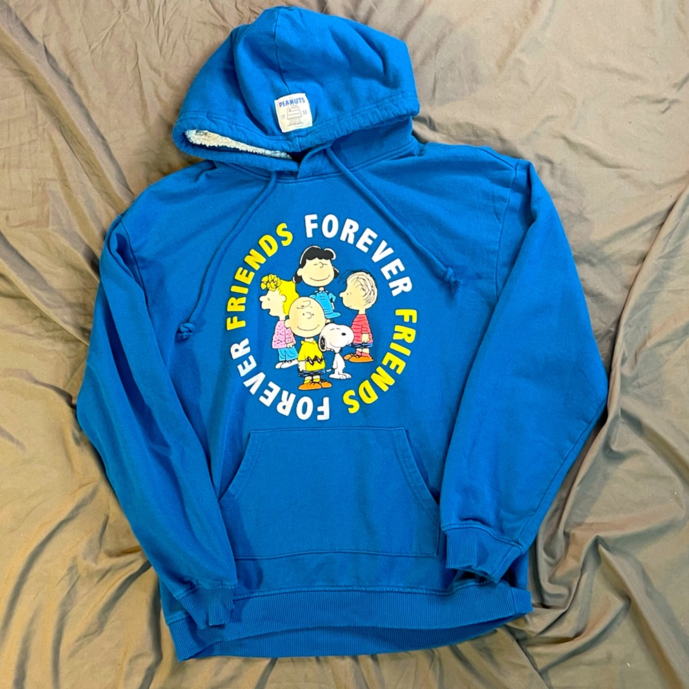 Peanuts Snoopy Charlie Brown Friends Forever Blue Pullover Hoodie Medium